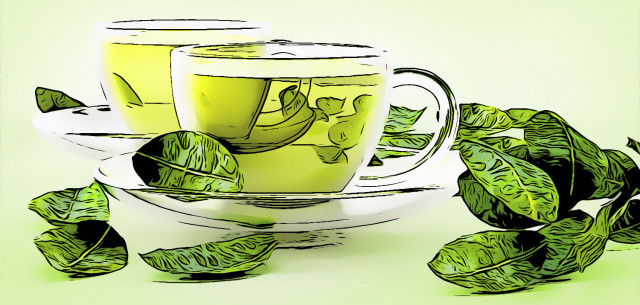 twee groene thee kopjes met theeblaadjes cartoon