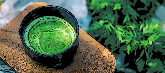 matcha in kom in de natuur cartoon