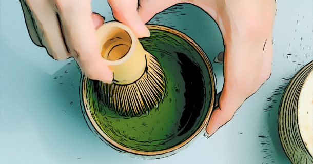 matcha thee bereiden bovenaanzicht cartoon