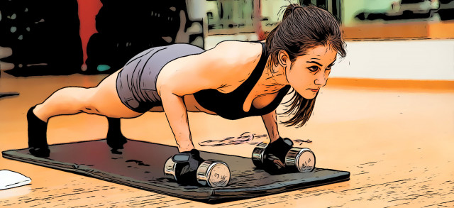 brunette tijdens push up workout in de gym